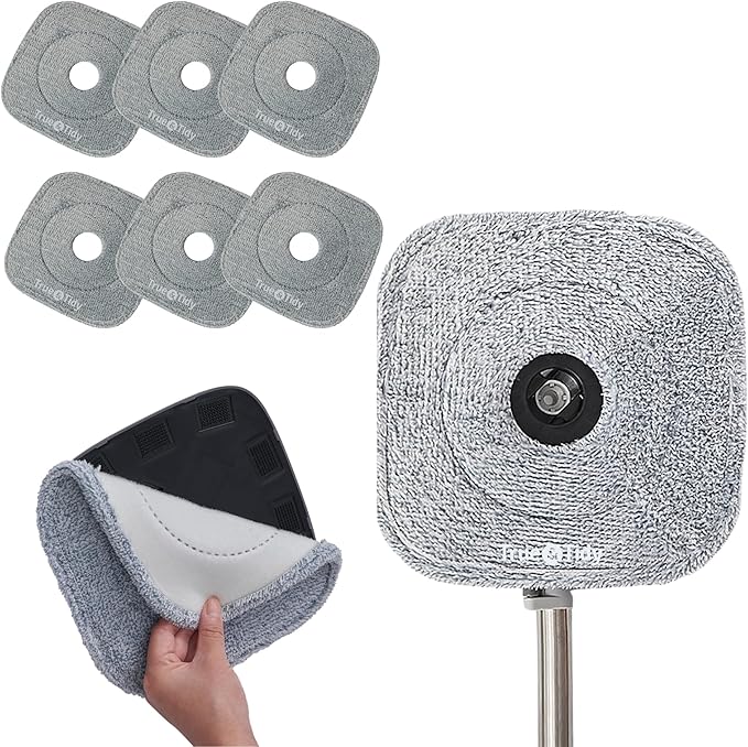 True & Tidy® 6-Pack 9 inch Extra Thick Microfiber Pad Refill for SPIN-800 TrueClean Mop & Bucket Square, Compatible with M16 and Most Square Spin Mop and Bucket, Machine Washable up to 100x