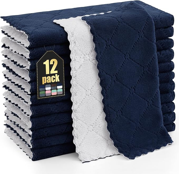 Homaxy 12 Pack Kitchen Cloths Dish Towels (10" x 10", Navy Blue & White), Super Soft and Absorbent Dish Cloths, Coral Velvet Microfiber Cleaning Cloth, Nonstick Oil Fast Dry Dishcloths