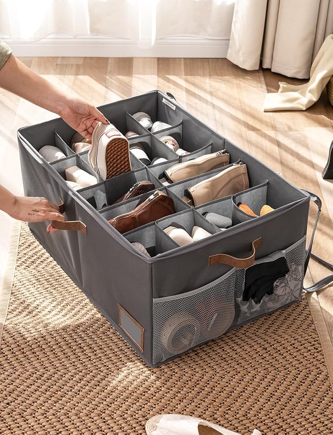 StorageWorks Shoe Organizer for Closet, Fits up to 20 Pairs, Shoe Cubby Storage Containers with Side Mesh Pocket and Clear Cover, Grey