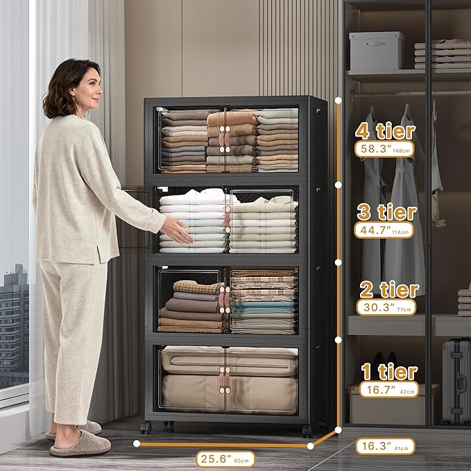 Extra Large Stackable Storage Bins with Lids & Wheels & Door, 896QT-112QT/28GAL*8Pack Foldable Collapsible Closet Organizers, Plastic containers drawers for bedroom Dorm