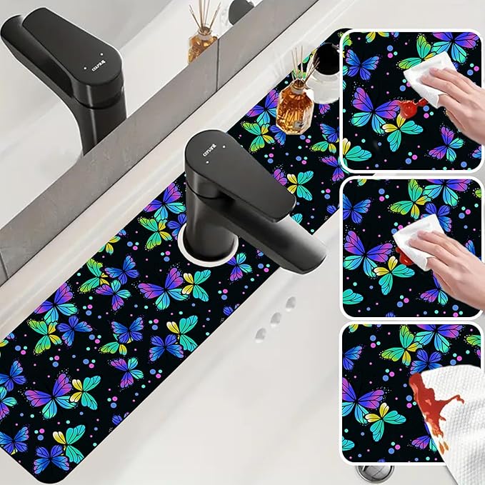 Sink Faucet Absorbing Mat Colourful Butterflies Sink Splash Guard Drying Mat for Kitchen Bathroom Faucet Sinkmat 23.5"X5.5"