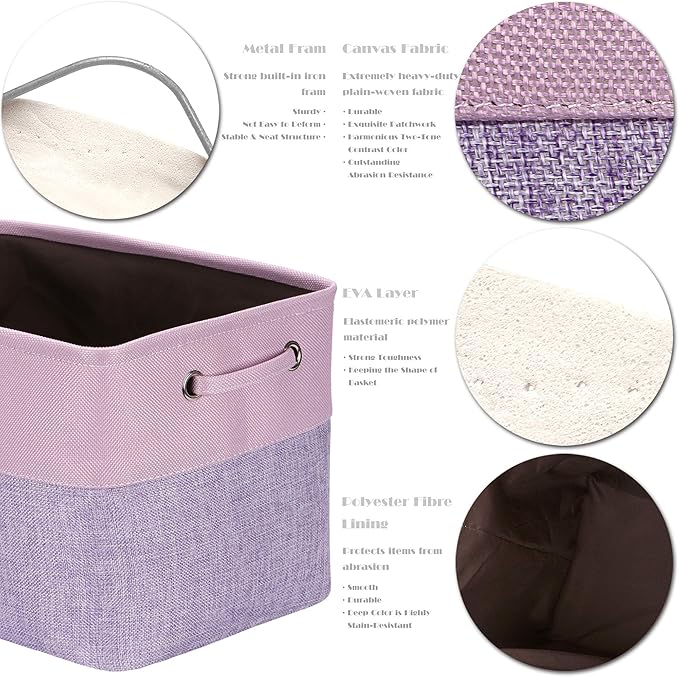 Sea Team 3-Pack Large Storage Basket Set, Trunk Organizer, Clothes Toys Bin, 15 x 10 x 10 Inches, Big Rectangular Canvas Fabric Collapsible Shelf Box with Handles for Kids Room (Lavender/Orchid)