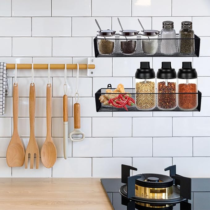 Spice Rack Organizer Wall Mount, 2Pack Spice Organization Storage Shelf,Hanging Storage Baskets Organizer Saving Space for Kitchen,Pantry Doors, Bathroom, Shower, Home Decor,Black