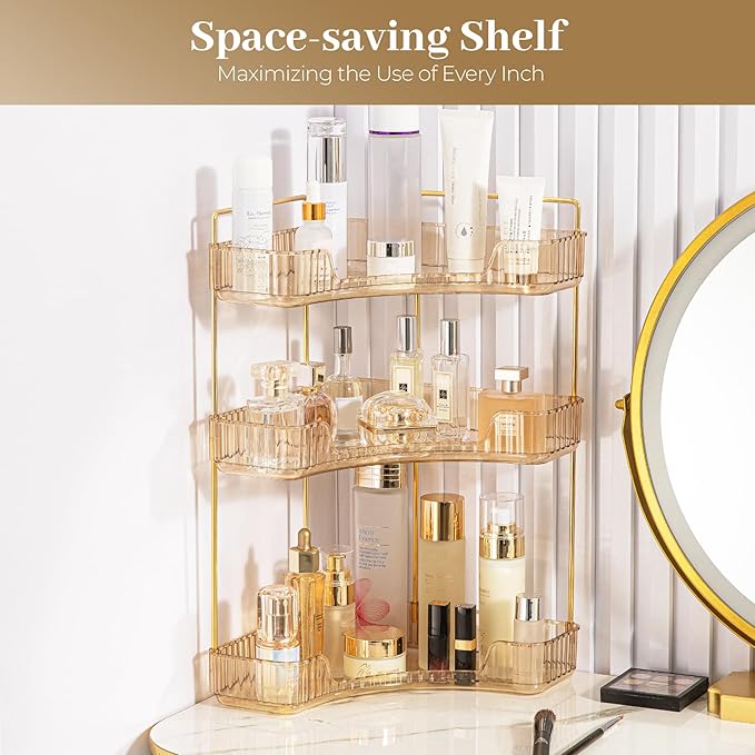 Aveniee Corner Bathroom Counter Organizer, Bathroom Countertop Shelf Makeup Organizer for Vanity Perfume Tray for Corner Storage (3 Tiers, Gold)