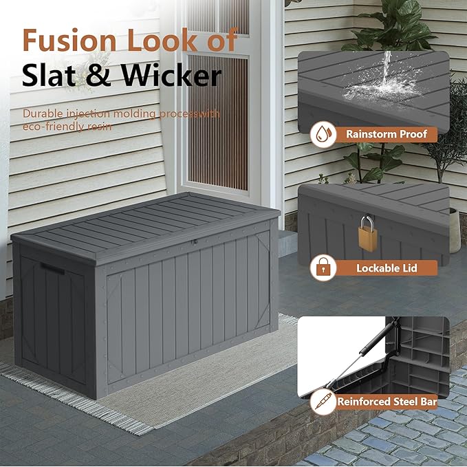 Outdoor Storage Box Waterproof, 100 Gallon Lockable Resin Deck Box Patio Storage Bin for Pool Accessories Cushion Furniture, Garden Tools, UV-Resistant Outside Delivery, Grey