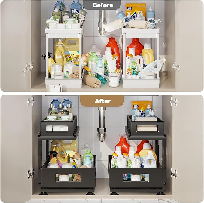 Corbyles 2 Pack Under Sink Organizer with Next-Gen Ball-Bearing Slides,2-Tier Pull Out Cabinet Storage,Height Adjustable Drawer Shelf for Bathroom,Kitchen,Laundry,Cabinet,Pantry(Patent Pending)