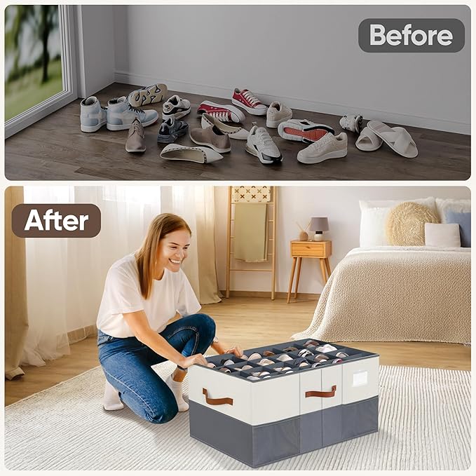 Shoe Organizer for Closet, 2 Pack Shoe Storage Containers with Adjustable Dividers, Space Saving Shoe Box Storage Organizers Bins with Clear Lid & 4 Handles, Fits 24-48 Pairs, Beige & Grey