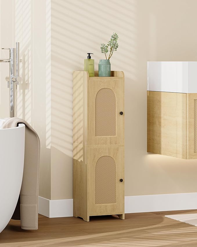 Bathroom Storage Cabinet, Small Corner Floor Cabinet with 2 Doors and Adjustable Shelf, Narrow Toilet Paper Cabinets, Bathroom Organizer for Small Spaces, 7.9"D x 7.9"W x 29.5"H Rattan Yellow