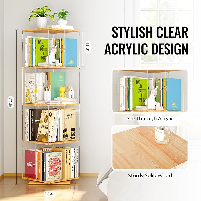 Rotating Bookshelf, 360 Degree Revolving Bookcase, 4-Tier Spinning Bookshelf, Clear Acrylic & Solid Wood Rotating Bookcase for Kid’s Playroom, Bedroom and Living Room, Square