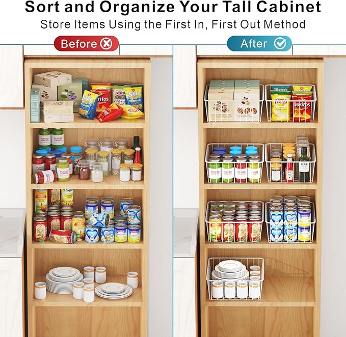 iSPECLE Wire Baskets - 6 Pack Wire Storage Baskets Organizer Bins, Pantry Cabinet Shelf Kithen Storage Organization for Easily Get Items, White