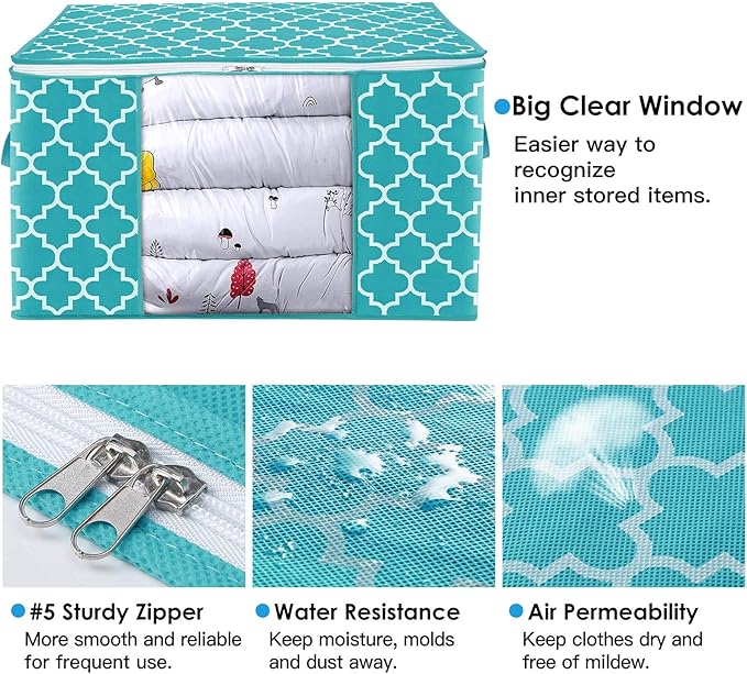 WISELIFE Storage Bags 100L 2-Pack Large Blanket Clothes Organization and Storage Containers for Bedding, Comforters, Foldable Organizer with Reinforced Handle, Clear Window, Sturdy Zippers,Green