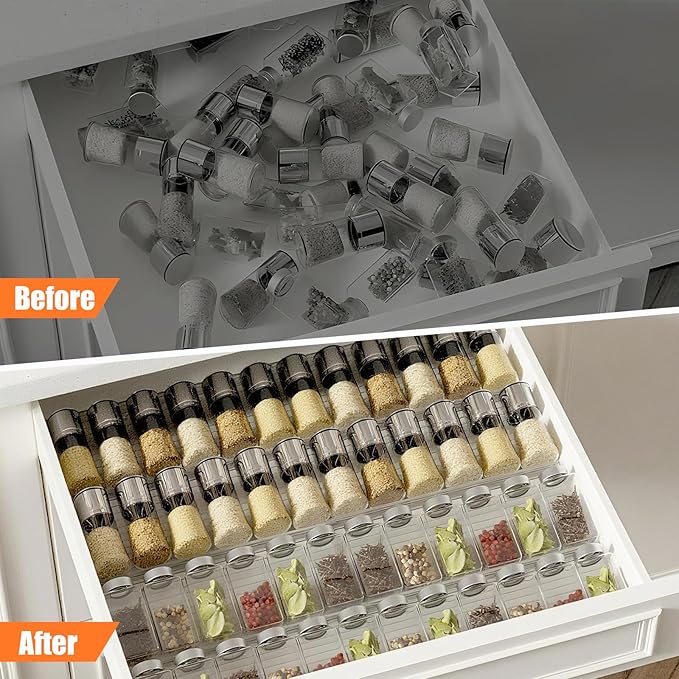 8 Pcs Spice Drawer Organizer Clear Acrylic Drawer Spice Organizer Expandable From 11'' To 22'' Clear Acrylic Drawers Seasoning Organizers for Kitchen Drawers Storage Seasonings Containers