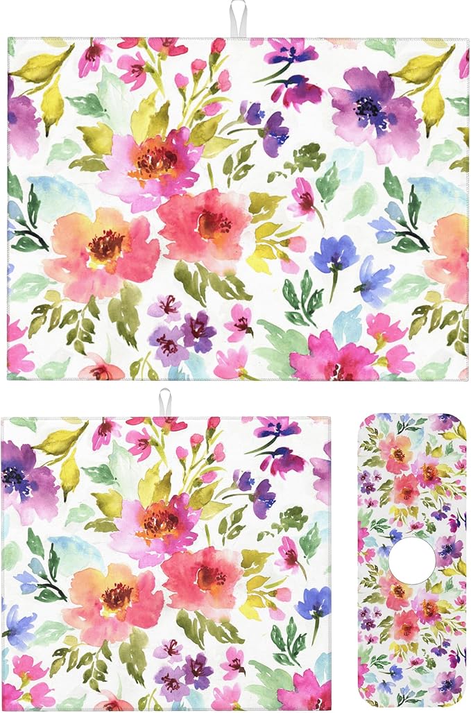 3Pcs Watercolor Flower Dish Drying Mat & Kitchen Sink Splash Guard Faucet Mat For Kitchen Counter Absorbent Microfiber Dishes Pad Dish Drainer Rack Mats Fast Dry Kitchen Accessories
