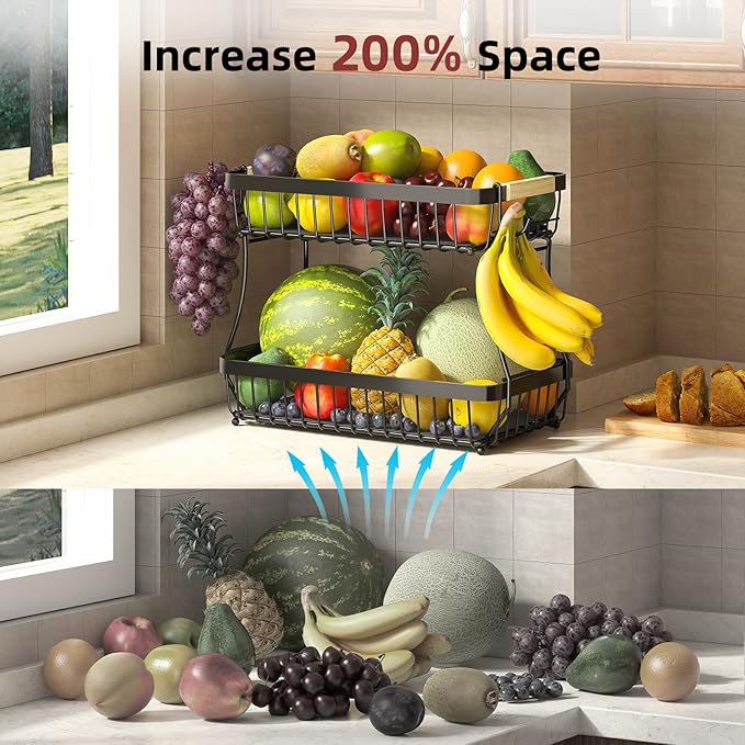 2 Tier Large Fruit Basket for Kitchen Counter with 2 Mobile Banana Hangers, 2026 Pro Detachable Metal Fruit Bowl with Wooden Handle (Black, 2 Tier Extra Large)
