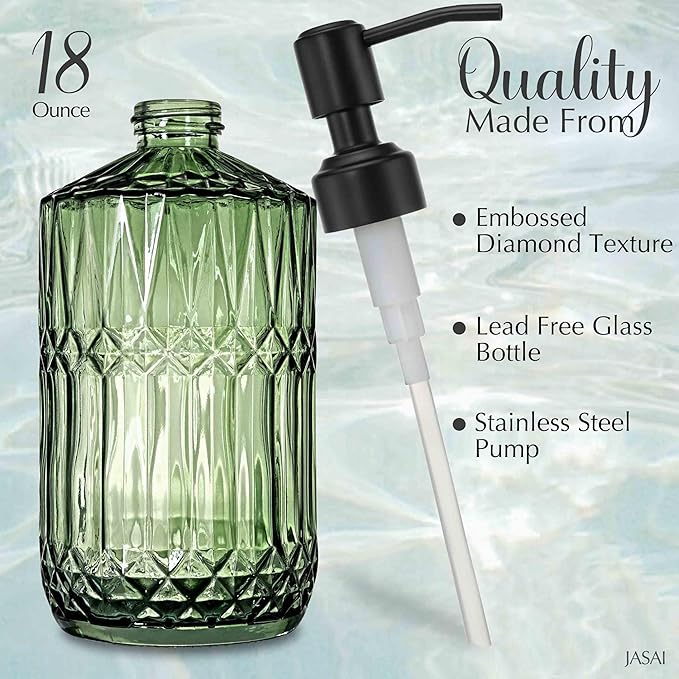 JASAI 18Oz Green Soap Dispenser with Black Rust Proof Pump, Refillable Kitchen soap Dispenser with Thick Glass, Soap Dispenser Bathroom for Hand soap, Dish Soap, Lotion, Body Wash.