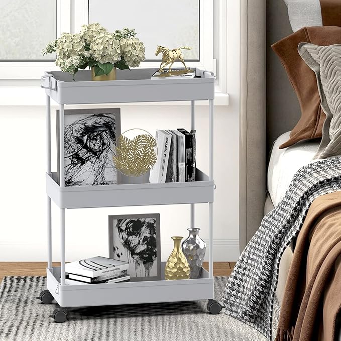 SPACELEAD 3 Tier Rolling Cart with Wheels, Storage Craft Art Trolley Organizer Serving, 3 Hanging Baskets Easy Assembly, for Office, Living Room, Kitchen, Gray