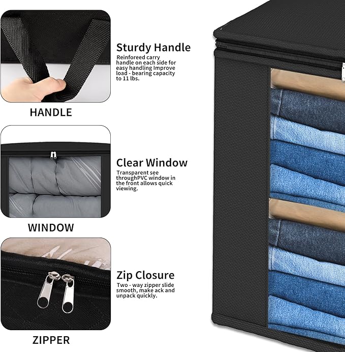 Fixwal Blanket Storage Bags with Zipper Large Storage Bins with Lids 120L 2 Pack Comforter Storage Bags with Reinforced Handles Clothes Storage Containers for King Comforter Bedding Pillow Sheet Black