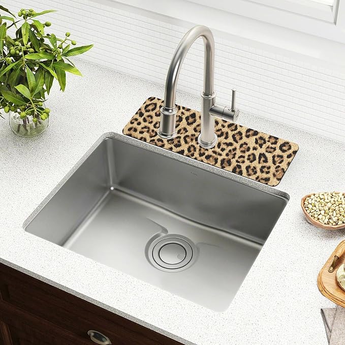 Kitchen Sink Splash Guard 1 PC 14.7 Inch Sink Faucet Mat Splash Guard for Bathroom Countertop Water Absorbent Foldable Cuttable Soft Washable Classical Leopard Print