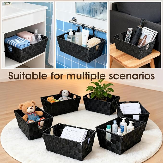 homyfort Black Storage Baskets for Shelves, Woven Shelf Baskets for Organizing, Small Strap Organizer Basket for Bathroom Storage, Set of 4