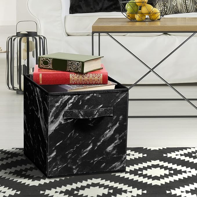 Sorbus Collapsible Fabric Storage Cubes - 11" Foldable Organization Baskets with Handle - 4 Black Marble for Pantry, Closet, Nursery, Dorm, Toy Storage