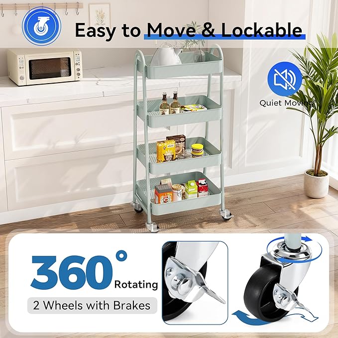 OLIXIS 4 Tier Utility Rolling Cart, Metal Mobile Storage Shelf with Lockable Caster Wheels, Organization for Livingroom, Bathroom, Kitchen, & Narrow Places, 4-Tier Green