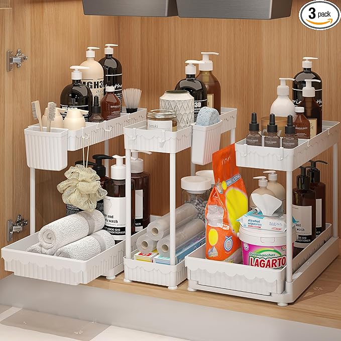3 Pack Multi-Purpose Under Sink Organizers and Storage, 2026 L-Shaped Pull Out Cabinet Organizer for Bathroom & Kitchen, Under Cabinet Organizer with Hooks Hanging Cup, White, 14.85 inch