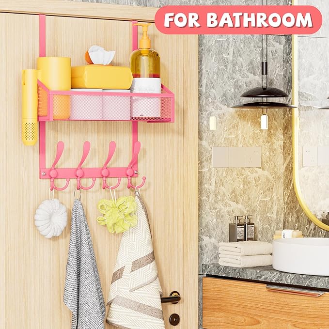 Kaiferty Over The Door Hooks Organizer, Coat Rack Over The Door Storage Hanger Towel Rack, Back of Door Storage Organizer for Bathroom,Bedroom,Kitchen,Office (Pink, 2-Tier)