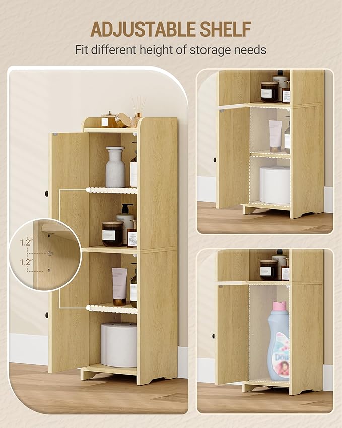 Bathroom Storage Cabinet, Small Corner Floor Cabinet with 2 Doors and Adjustable Shelf, Narrow Toilet Paper Cabinets, Bathroom Organizer for Small Spaces, 7.9"D x 7.9"W x 29.5"H Rattan Yellow