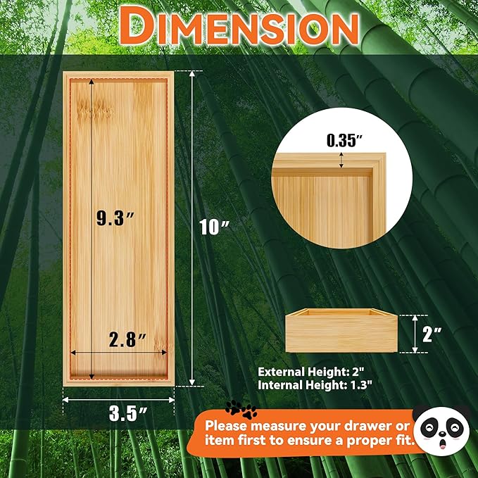 Bamboo Drawer Organizer for Kitchen Utensils, 2 Pack Stackable Cutlery Trays, Fits 1/2" Knives and Silverware, 10" x 3.5" x 2" (Outer), 9.3" x 2.8" x 1.3" (Inner)