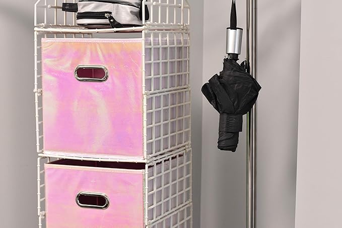 Handy Laundry 6-Pack Foldable Cube Storage Bins – Decorative Collapsible Organizer for Shelves, Closets, Underbed, Clothes, or Kids’ Toys (Shiny Pink)