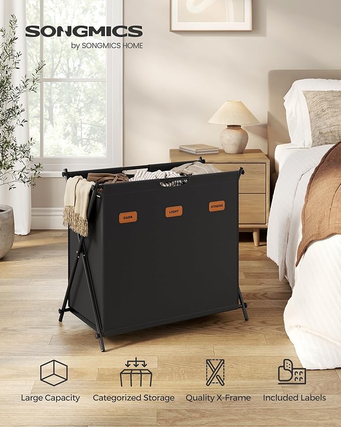 SONGMICS Laundry Hamper, Laundry Basket, 35.7 Gal. Laundry Sorter 3 Sections, Collapsible X-Frame, Clothes Organizer with Customizable Labels, Laundry Room, Bedroom, Bathroom, Ink Black ULCB130B01