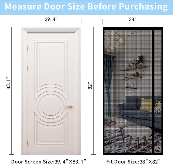 Reversible Left or Right Side Opening Magnetic Screen Door, Narrow Durable Fiberglass Mesh Curtain Hands Free for Patio, Bedroom, Fits Door Size 38" x 82", Black