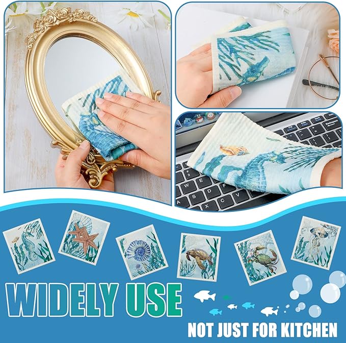 6 Pcs Swedish Kitchen Dish Towels Kitchen Cloths Reusable Sponge Cleaning Cloths Absorbent Dish Cloth Quick Drying Washable Cleaning Wipes No Odor Hand Towel (Marine Life)