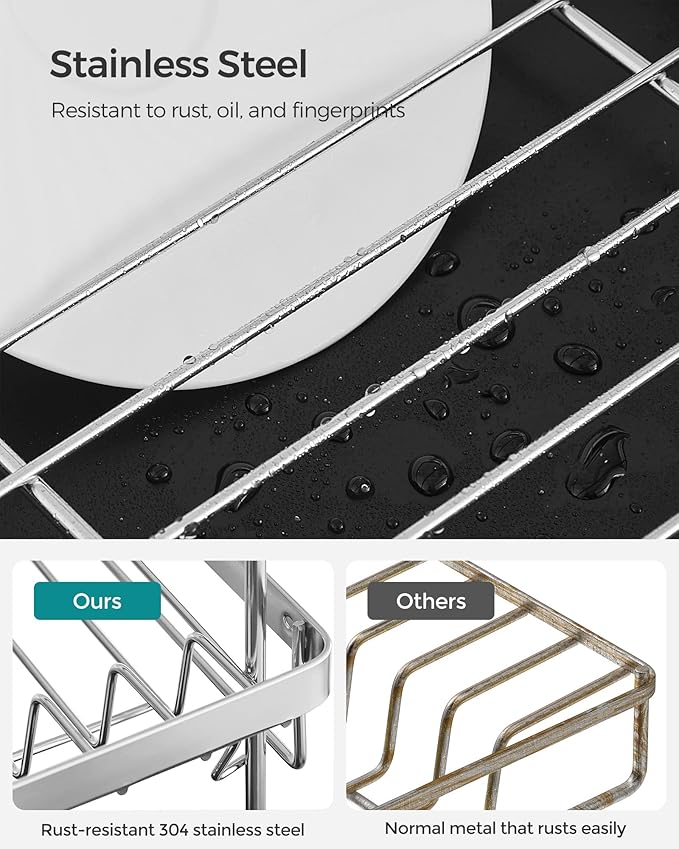 SONGMICS Dish Drying Rack - 2 Tier Dish Rack for Kitchen Counter with Rotatable and Extendable Drain Spout, Dish Drainer with Utensil, Cup, Glass, Cutting Board Holders, Black UKCS032B01
