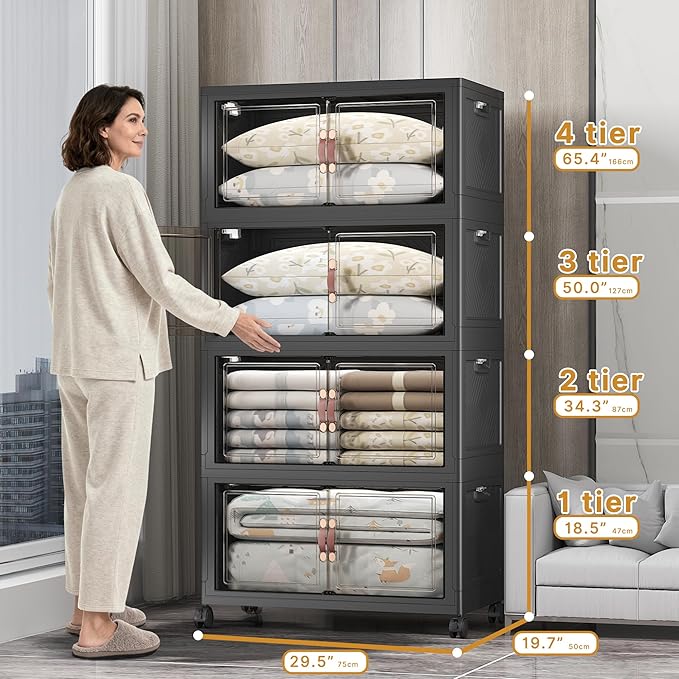 Extra Large Stackable Storage Bins with Lids & Wheels & Door, 1280QT-160QT/40GAL*8Pack Foldable Collapsible Closet Organizers, Plastic containers drawers for bedroom Dorm