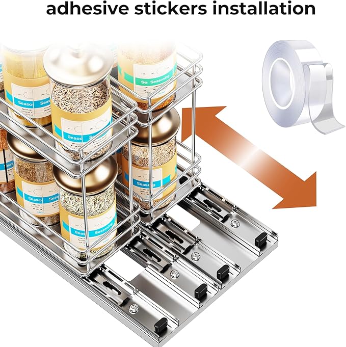 Pull Out Spice Rack Organizer for Cabinet, Slide Out Spice Racks, Easy to Install, 7.08" Wx10.43 Dx8.26 H, 2 Drawers 2 Tiers(Silver)