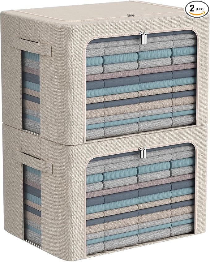 CYhom Clothes Storage Bins Box - Linen Fabric Foldable Stackable Container Organizer Set with Clear Window & Carry Handles & Metal Frame - 2Pack Large Capacity for Bedding, Blankets, Books