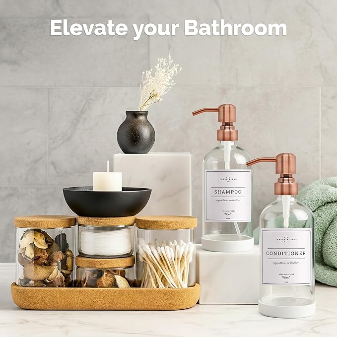 Vine Creations Clear Glass Soap Dispenser, 2 Pack Kitchen Soap Dispenser Set with Stainless Steel Pump, 16 oz Dish Soap and Hand Soap Dispensers for Bathroom with Waterproof Labels