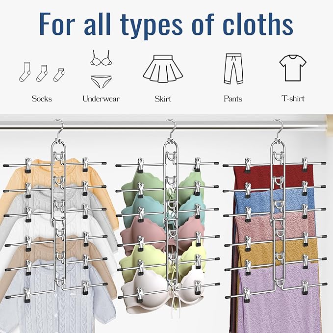 Pants & Skirt Hangers with Clips, Newly Upgraded Detachable - Space Saving Hangers, 6-Tiers Foldable Skirt Hangers for Women - Hanging Closet Organizer and Storage-2pack, Patent Pending