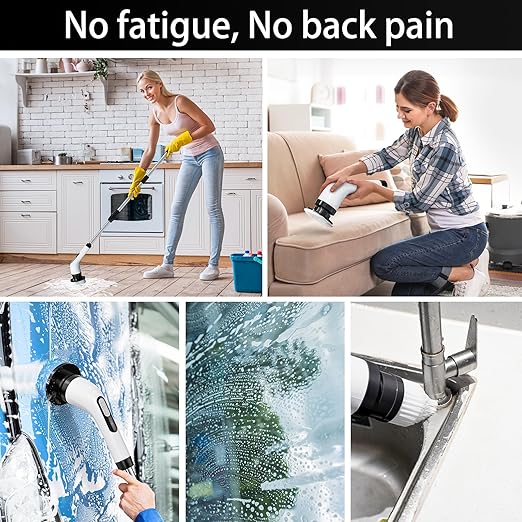 HIMAAT Cordless Electric Spin Scrubber - IPX7 Waterproof, LCD Display, 8 Brush Heads, Adjustable Extension Handle, for Shower, Bathtub, Tile, Grout, Kitchen, Bathroom Cleaning