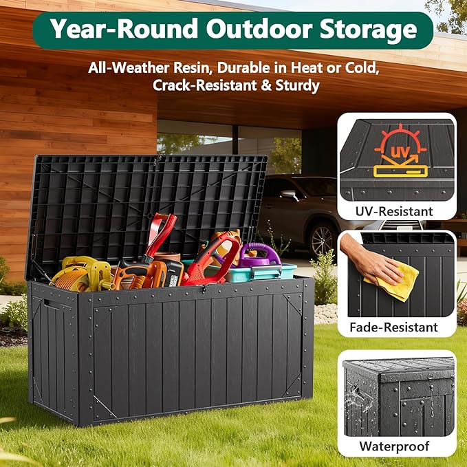 Outdoor Storage Box,100 Gallon Deck Box Outdoor Storage Bench Outside Waterproof Resin Storage Bench, Lockable Patio Cushions, Garden Tools Storage For Furniture, UV Resistant