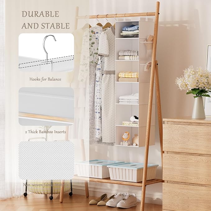 VERONLY Hanging Closet Organizer and Storage with Bamboo Support, 6-Shelf Closet Hanging Storage Shelves, Closet Organizers Easy Mount Foldable for Bedroom
