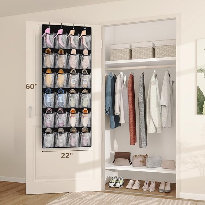 FENTEC 24 Large Pockets Over Door Shoe Organizer, Mesh Hanging Shoe Organizer for Closet Mesh Closet Holder, Back of Door Organizer for Cruise Ships, Rack for Wall, Black, 1 Pack