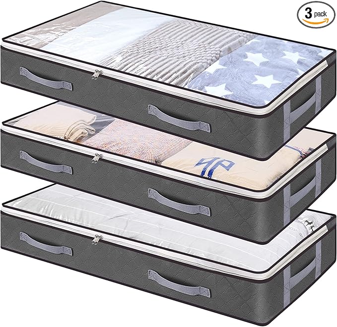 Vieshful 3 Pack Underbed Storage Bags 75L Foldable Clothes Bag Large Capacity Storage Containers with Clear Window Reinforced Handles Zippered Organizer Non-Woven for Comforters Blankets Bedding