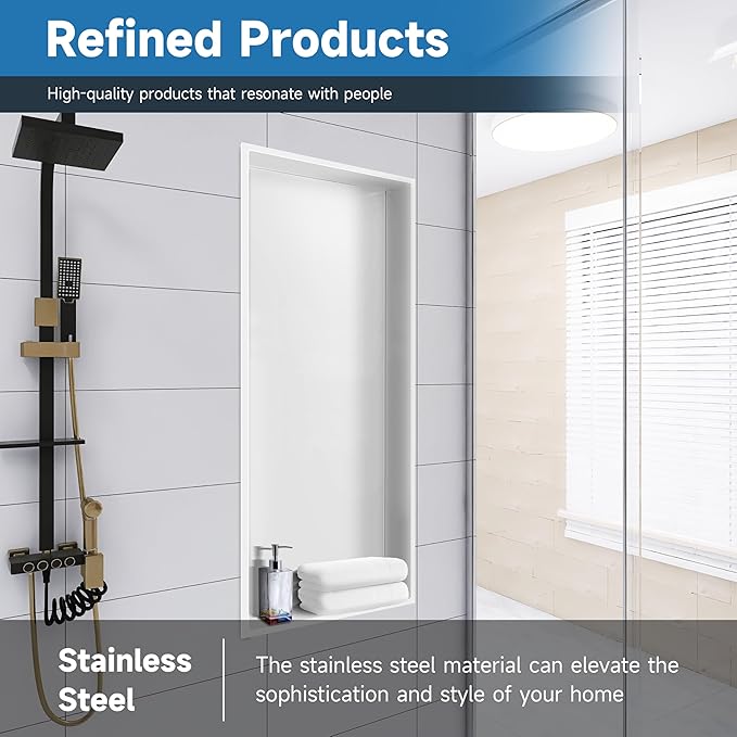 BATHFINESSE Shower Niche, 37" X 13" White Niche for Shower Wall, Bathroom Shower Niche Insert Tile Ready Over Mount Installation no Tile Needed, Livingroom