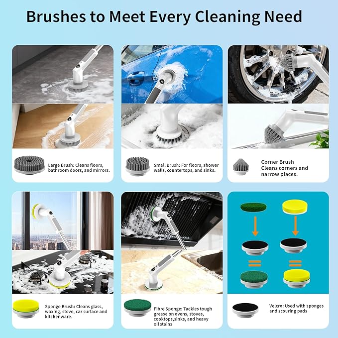 Electric Spin Scrubber, Cordless Cleaning Brush with 6 Replaceable Brush Heads, IPX7 Waterproof Bathroom Scrubber with Adjustable Extension Handle & Battery Level Display for Bathroom Kitchen Car