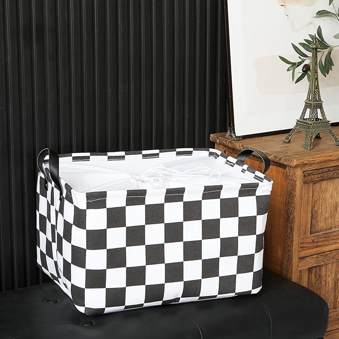 Hinwo 2-Pack Large Canvas Fabric Storage Basket with Handles, 33L/8.6-Gal Rectangle Bin, Collapsible Storage Box, Clothes, Toys, Blankets Organizer, 16.5 x 12 x 10 Inches (L, Black Checkerboard)