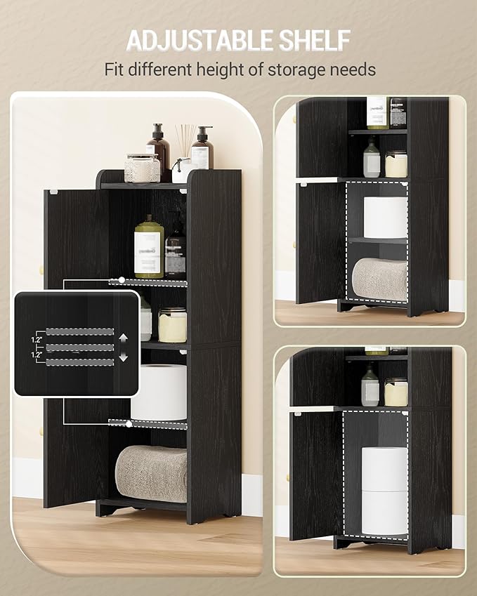 Bathroom Storage Cabinet, Small Corner Floor Cabinet with 2 Doors and Adjustable Shelf, Narrow Toilet Paper Cabinets, Bathroom Organizer for Small Spaces, 7.9" D x 9.8" W x 29.5" Rattan Black