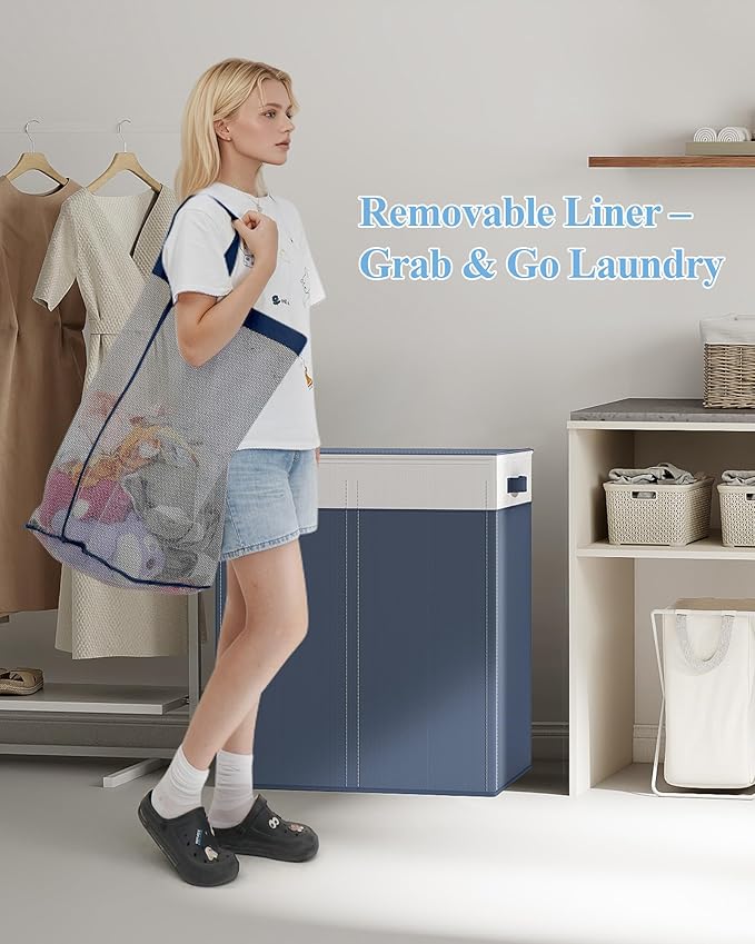 YECAYE 145L Double Laundry Hamper with Lid for Home, Dual Compartments hamper with Removable Bags, 2 Section Foldable Cloths Basket with lid, Double Cloths Basket with Color-Block Design