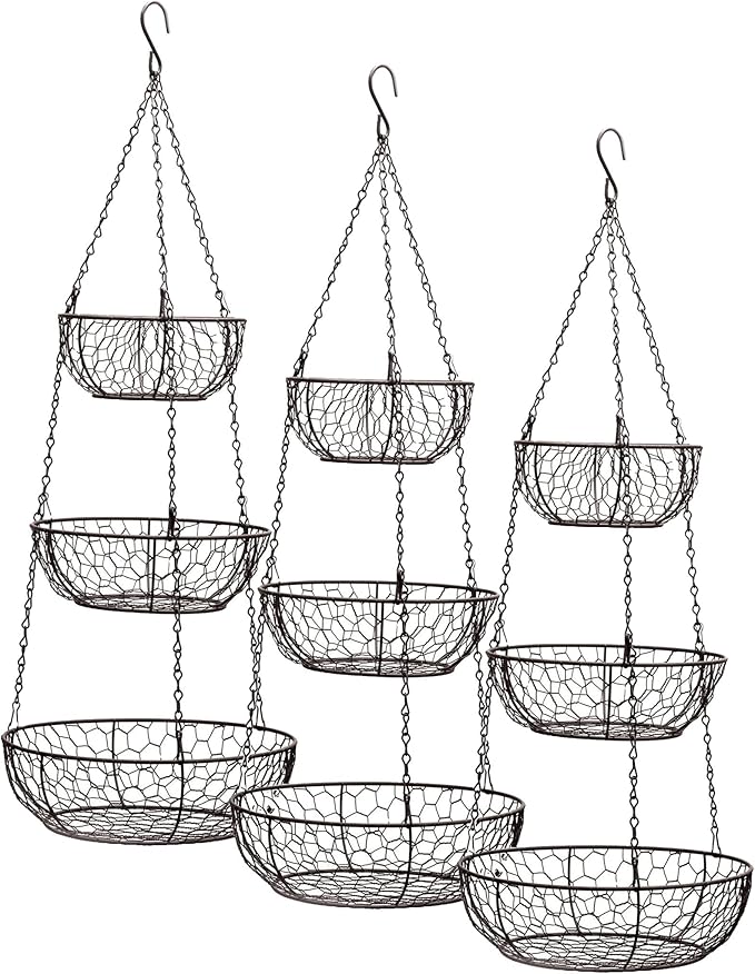 RSVP International Hanging Storage Collection 3-Tier Baskets, Bronze Chicken Wire (Pack of 3)